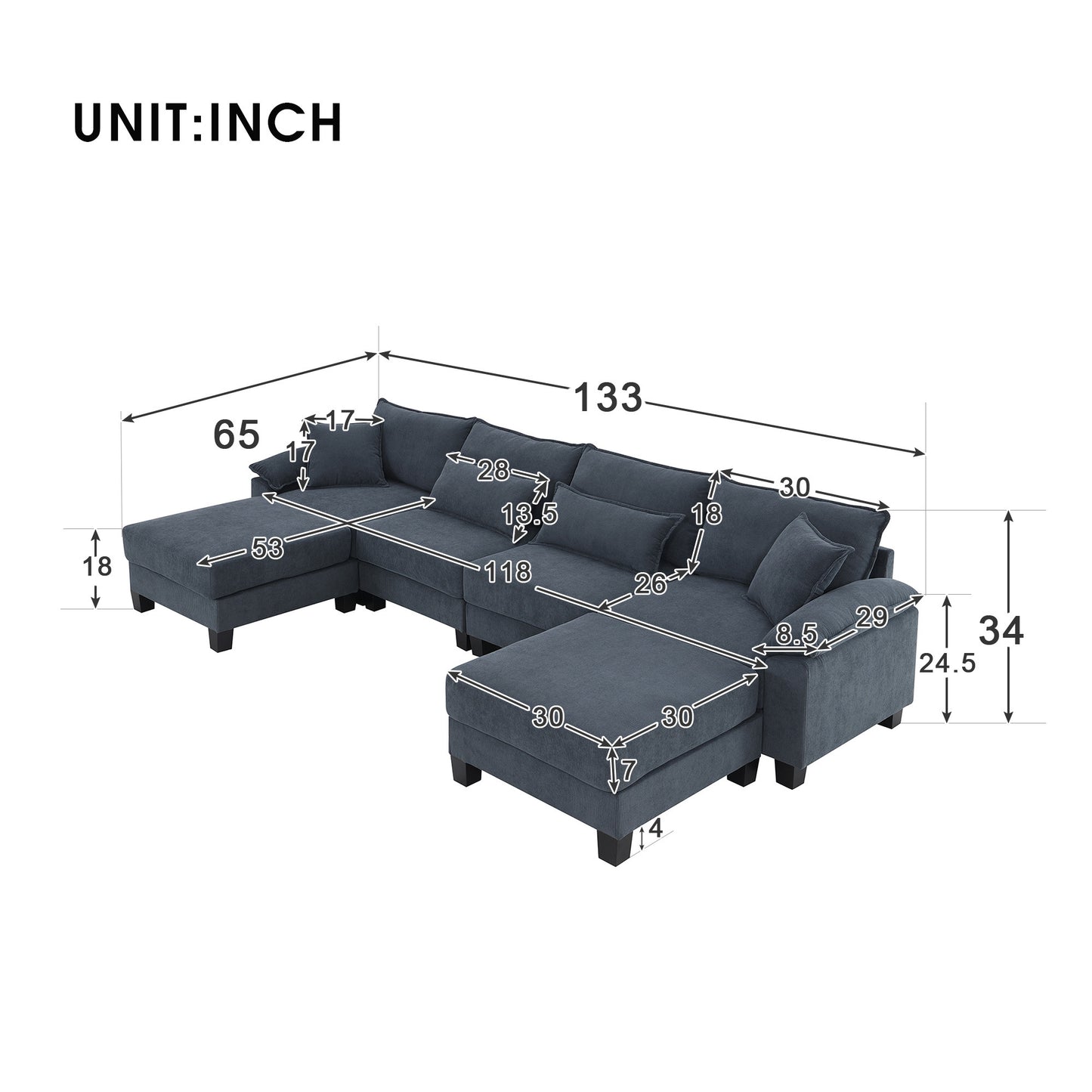 133*65" Corduroy Modular Sectional Sofa,U Shaped Couch with Armrest Bags,6 Seat Freely Combinable Sofa Bed,Comfortable and Spacious Indoor Furniture for Living Room, 2 Colors