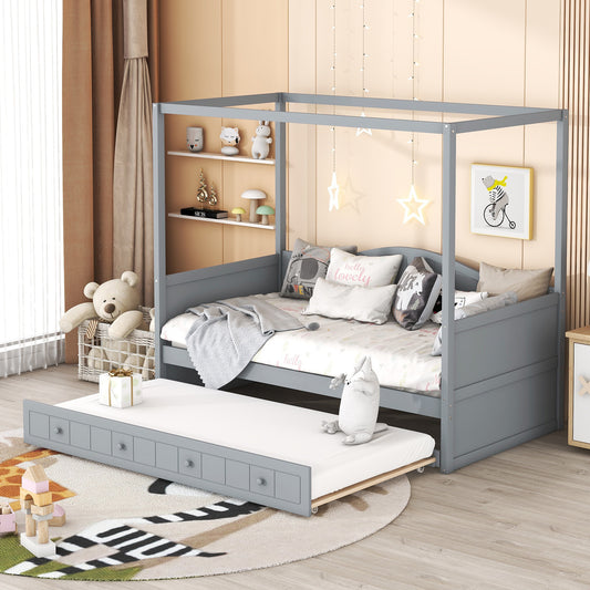 Daybed, Twin Size, Solid Wood and MDF with Trundle and Canopy Frame for Bedroom or Living Room