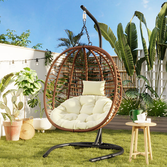 Folding Egg Chair with HDPE Wicker, Iron Stand, Cushion, and Adjustable Feet for Patio or Living Room