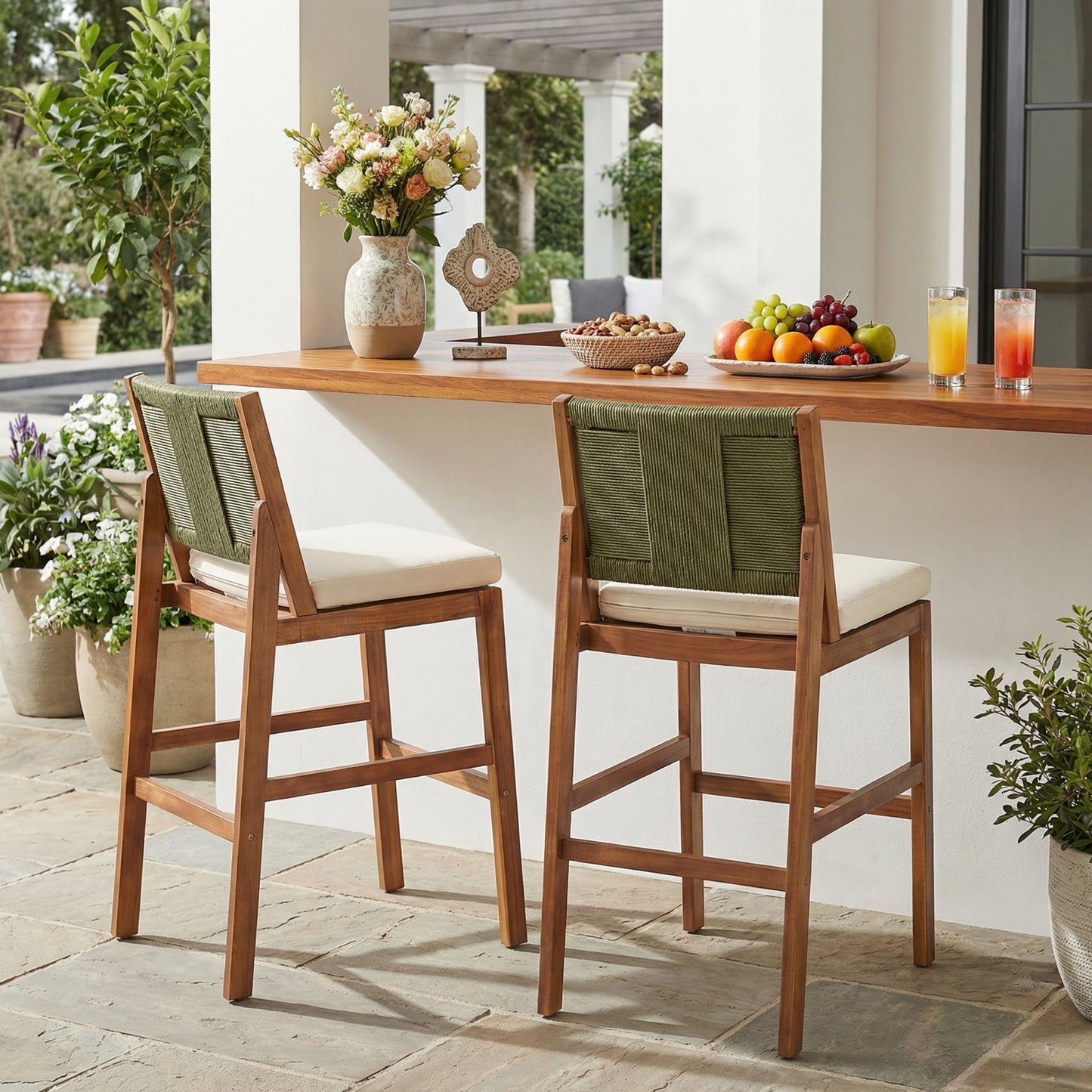 Outdoor Acacia Wood Bar Stools Set of 2 – Bar Height Chairs with Wicker Back and Water-Repellent Cushions