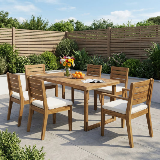 Outdoor Acacia Wood 7 Piece Dining Set with Cushions, Teak Finish Patio Table and Chairs for Garden and Backyard