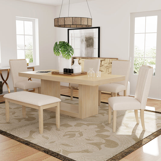 Dining Table Set Rubber Wood Natural and Beige with Extendable Design for Dining Room or Kitchen