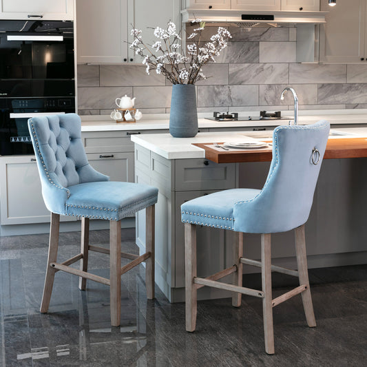 Bar Stools Set of 2 Multiple Color Options Velvet Modern with Tufted Detail for Dining Room or Kitchen Seating