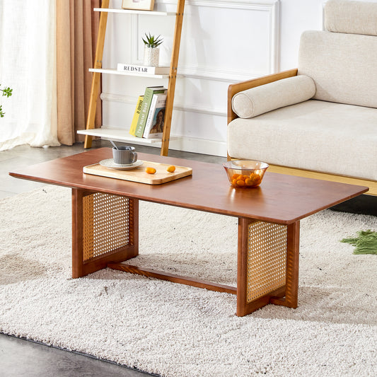 Rectangular Coffee Table Rubber Wood Walnut Rattan Detail for Living Room Accent and Display