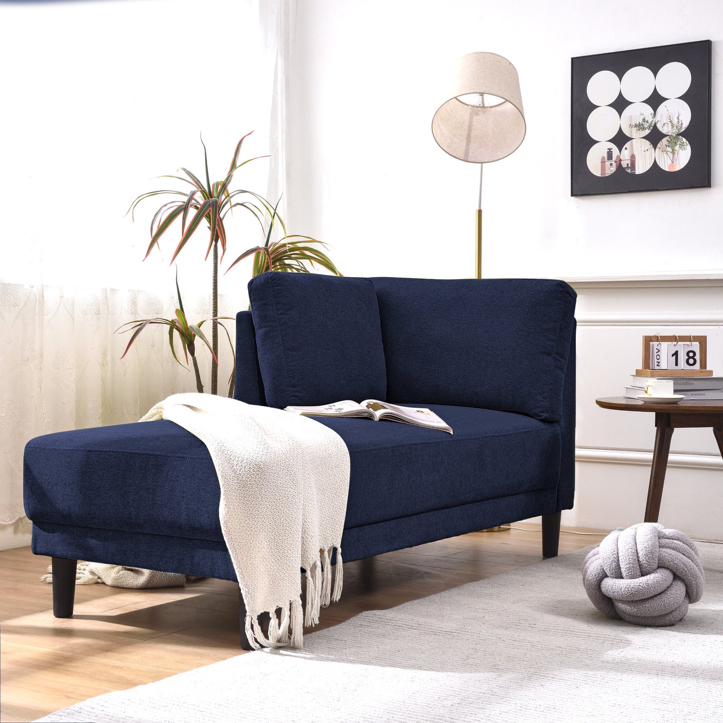 65" Mid-Century Modern Fabric Corner Lounge Chair, Upholstered Indoor Chaise Lounge for Bedroom,Office,Small Living Room & Apartment