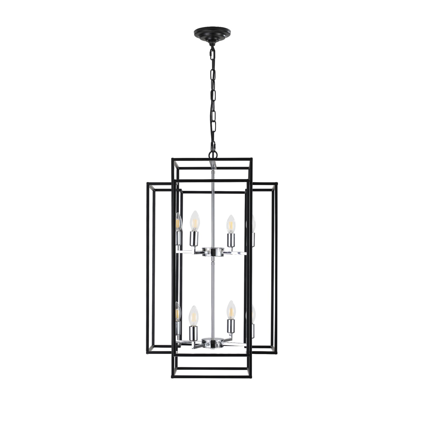 (Same as W1340142525/L1018-C) 8-Lights Lantern Tiered Pendant Light Fixtures, Industrial Farmhouse Hanging Chandelier for Entryway, Foyer, Living Room, Kitchen Island, Staircase(Black & Silver)