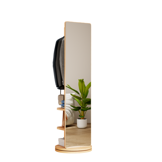 Rotating Full-Length Mirror with Coat Rack Rubber Wood Natural Wood Storage and 360° Rotating for Bedroom, Entryway and Dressing Areas