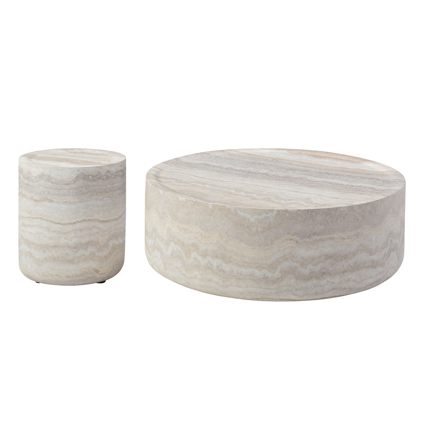 Set of 2 Faux MARS Pattern Coffee Tables side Table Round Tea Faux Travertine Textured  table for Living Room, No Need Assembly.