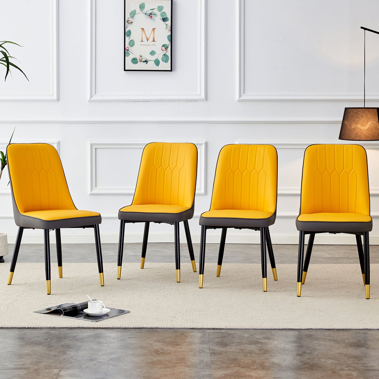 Modern Dining Chairs Set of 4 – PU Leather Upholstered Chairs with Black Metal Legs, Kitchen & Dining Seating