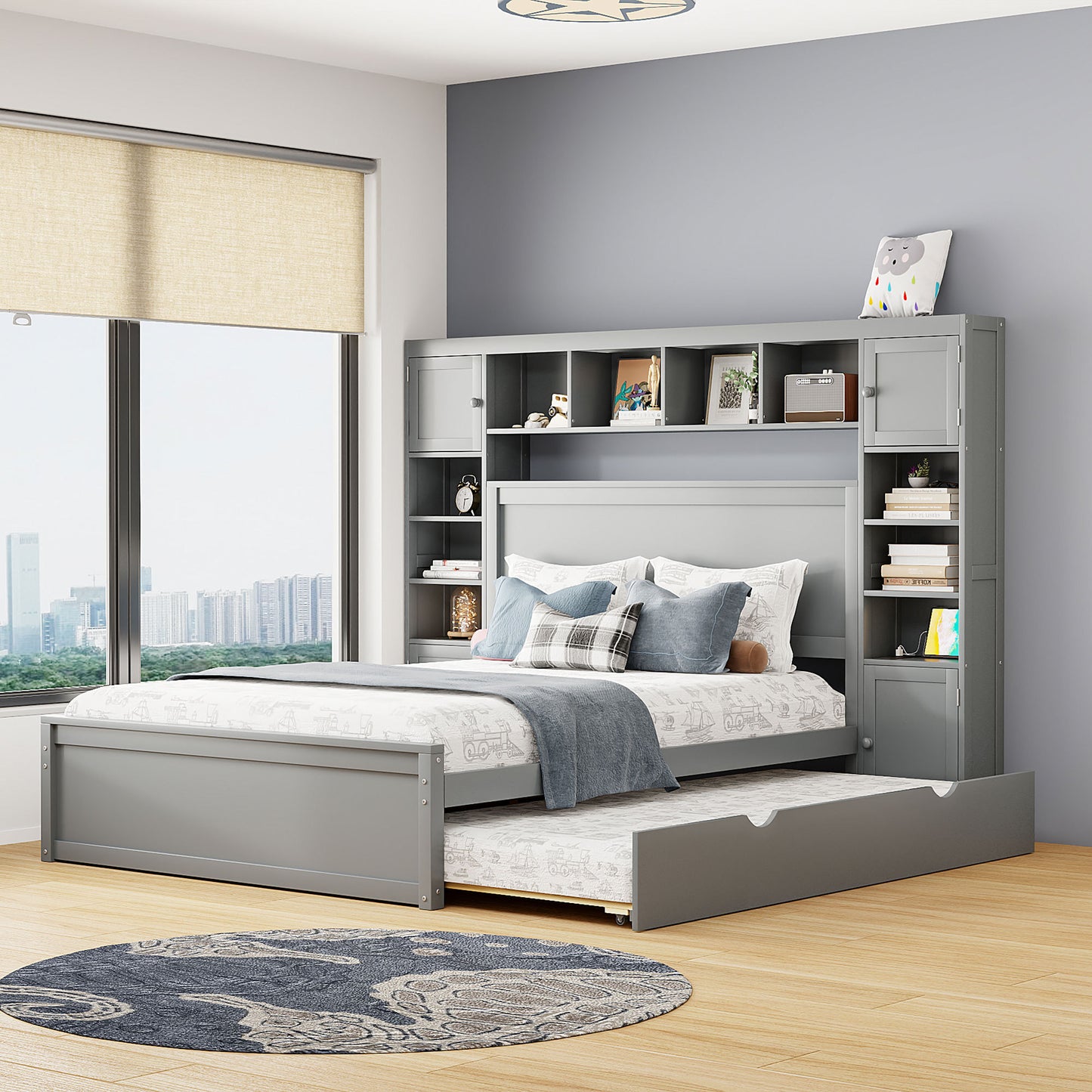 Queen Size Wooden Bed With All-in-One Cabinet, Shelf and Sockets,