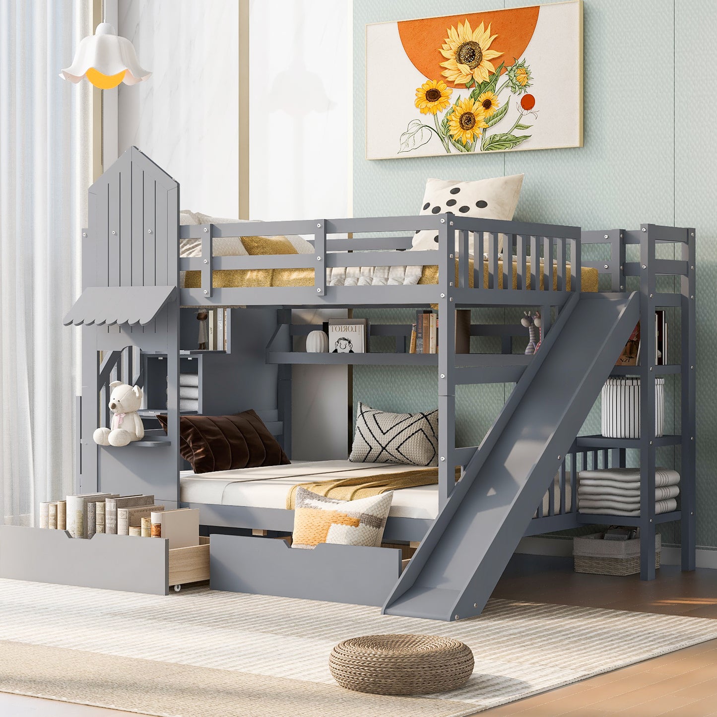 Full-Over-Full Castle Style Bunk Bed with 2 Drawers 3 Shelves