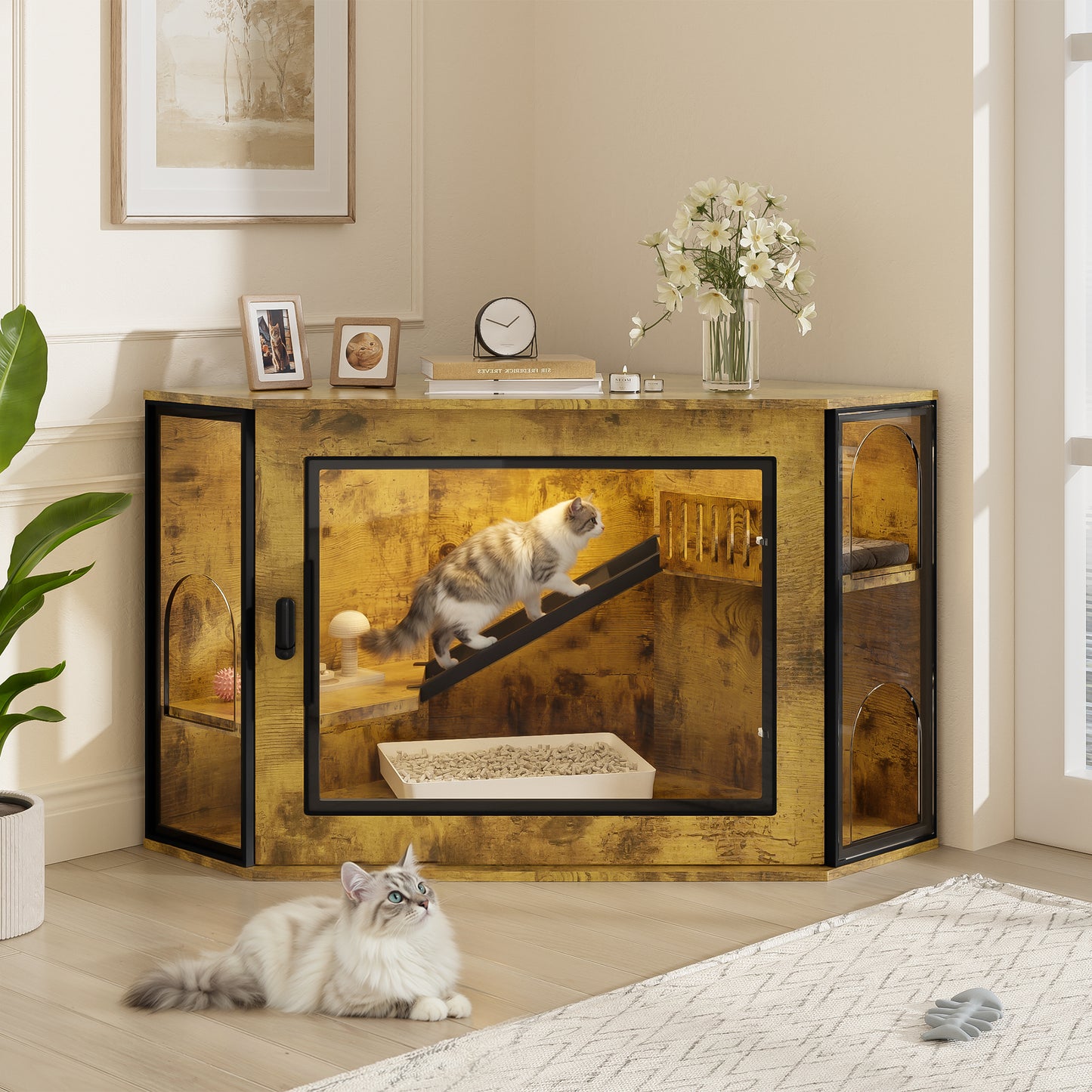 Corner Cat Litter Box Enclosure – 48" Hidden Litter Box Cabinet with LED Light, Modern Pet Furniture