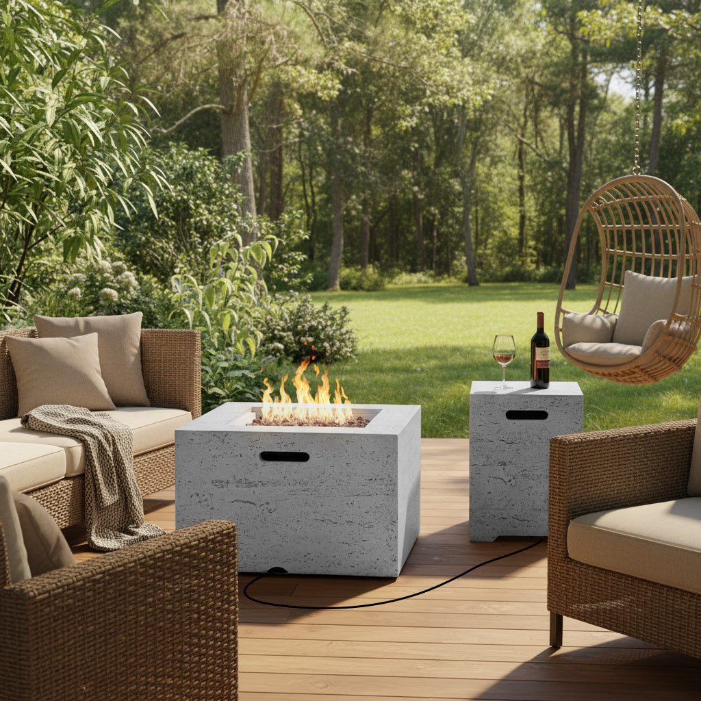 24.02'' Square MGO Propane Fire Pit Set, 40,000 BTU Outdoor Fire Pit Table with Steel Burner, Adjustable Flame, Lava Roc