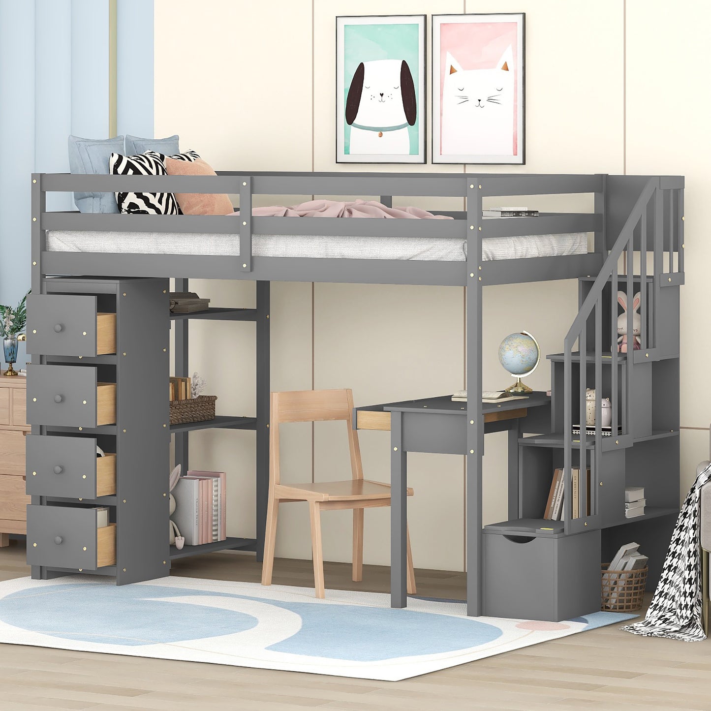 Twin size Loft Bed with Storage Drawers, Desk and Stairs, Wooden Loft Bed with Shelves