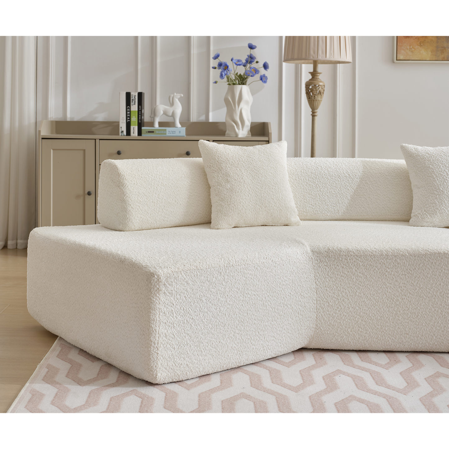 Modern Minimalist 140" L-Shape Couch ,No Assembly Required,Boucle,Modular Sofa ,Couch with Chaise,Free Combination Foam-Filled Sofa, 4 Seats,White