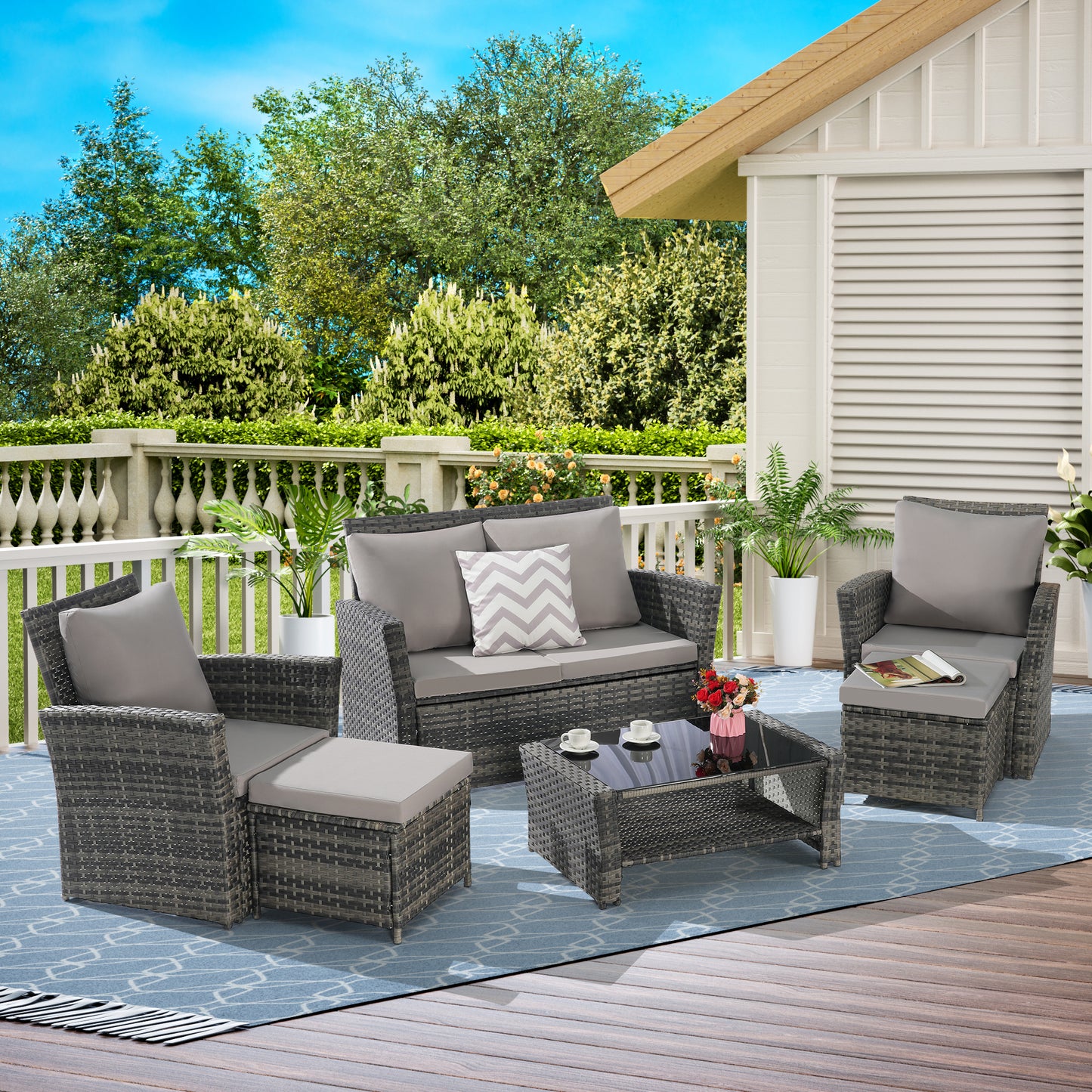 6 Piece Wicker Patio Furniture Set – Outdoor Rattan Sofa Set with Ottoman & Tempered Glass Coffee Table