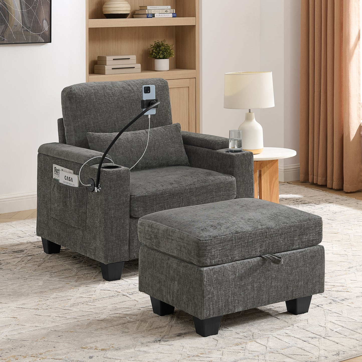 Single sofa recliner with manually adjustable backrest, USB charging port, phone stand, hidden