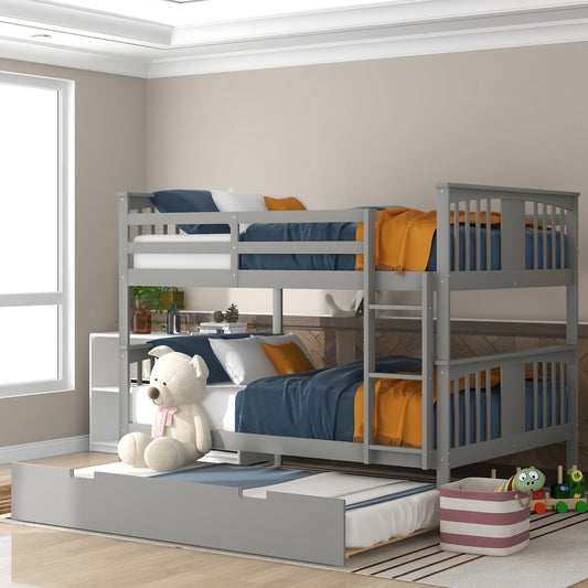 Bunk Bed, Full Over Full, Solid Wood with Trundle and Ladder for Shared Bedroom or Guest Room