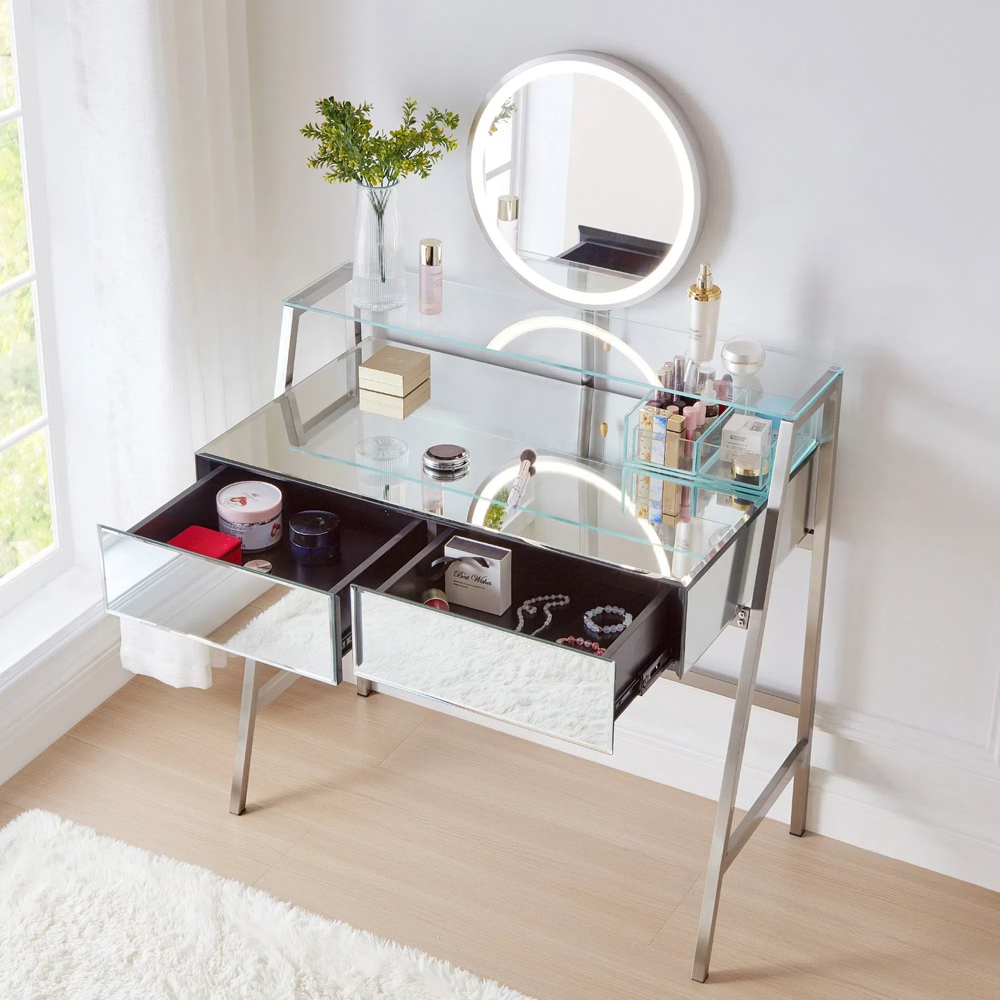 33.9" Mirrored Makeup Vanity Desk with Mirror and Lights, Mirrored Console Vanity Table with 2 Big Drawers & Open Shelf, Dressing Table with Charging Station for Bedroom, Silver