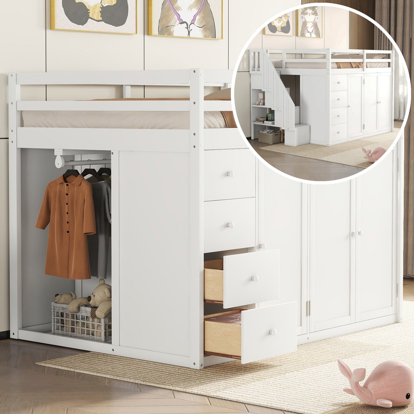 Full Size Wood Loft Bed With Built-in Wardrobes, Cabinets and Drawers