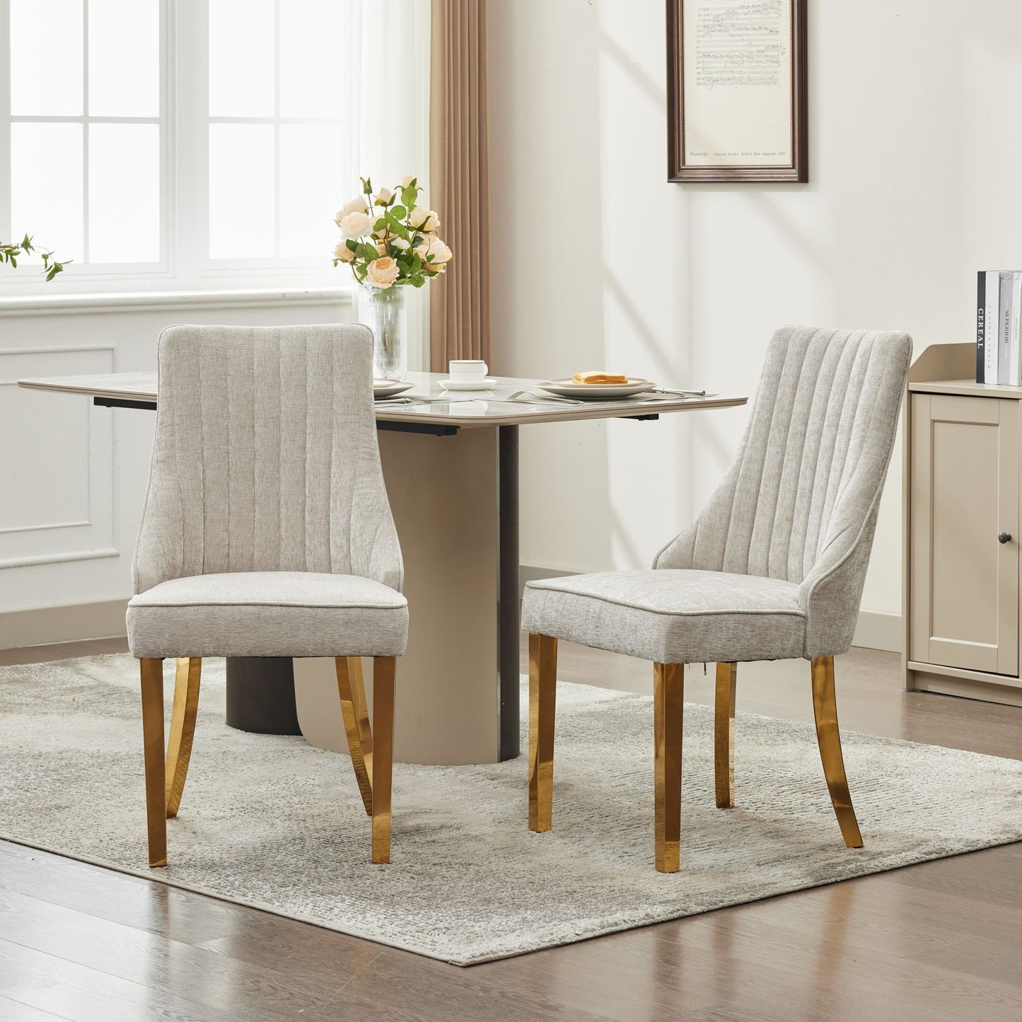 Rayon Cloth Flocking Chenille Channel Upholstered Dining Chairs with Golden Stainless Steel Plating Legs
