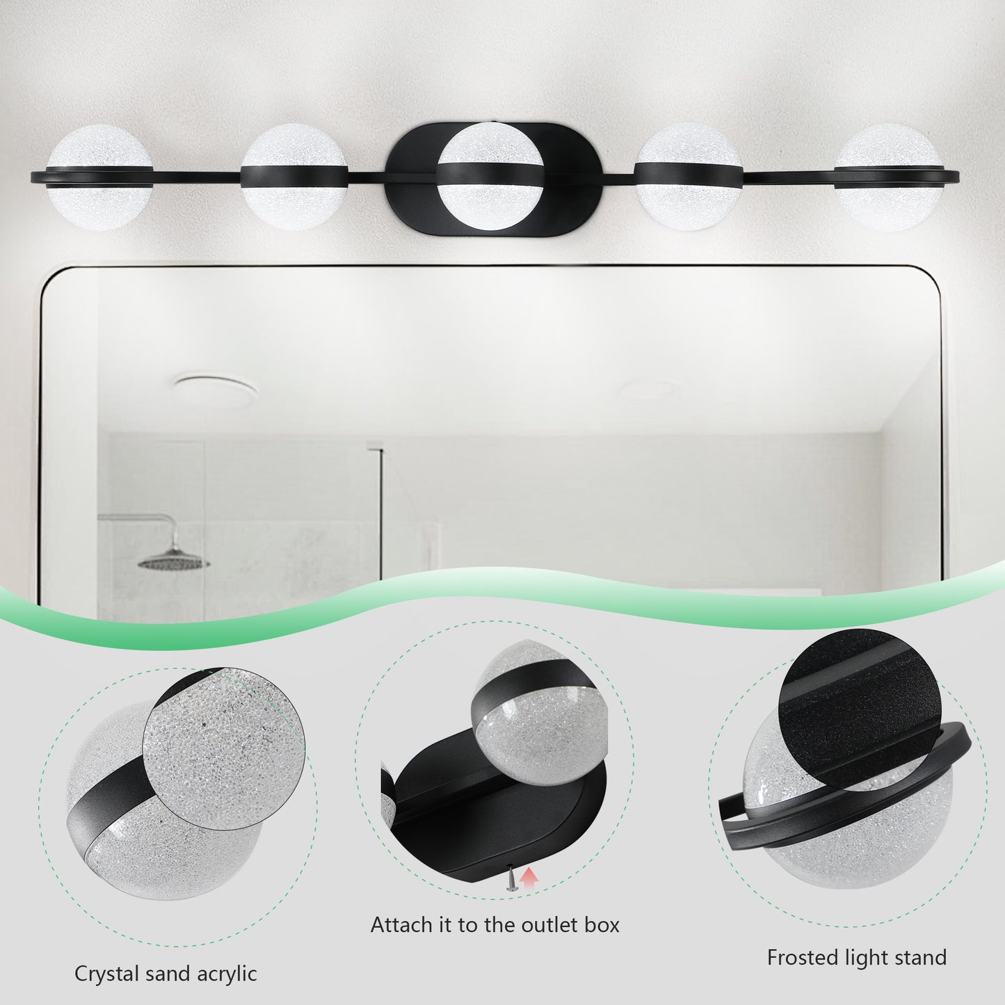 (NEW SKU:W1340P206793)Modern Minimalist Bathroom Vanity Light, LED 5 Bulb Frosted Glass Shades, Wall Mounted Decorative Lighting Fixture, Suitable for Bathroom Vanity Mirror (Black)