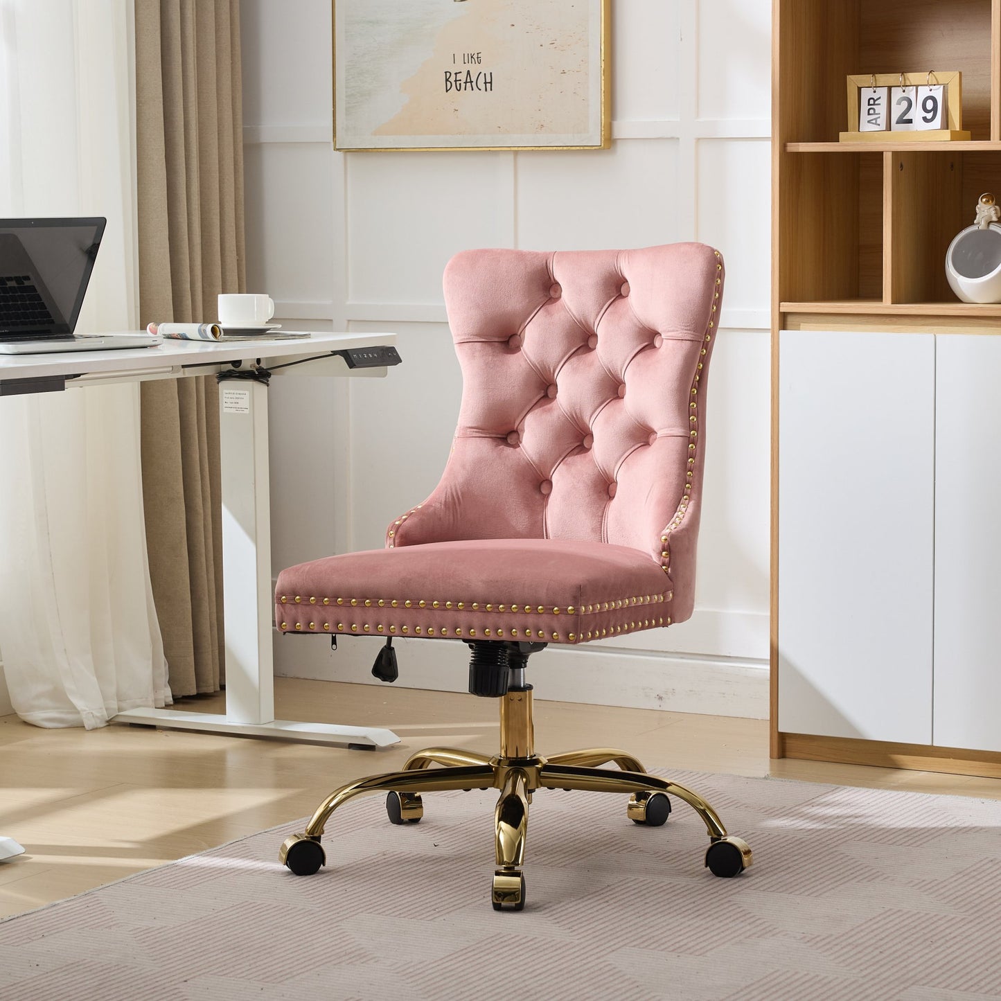 Modern Velvet Upholstered Tufted Button Home Office Chair with Golden Metal Base, Adjustable Sw