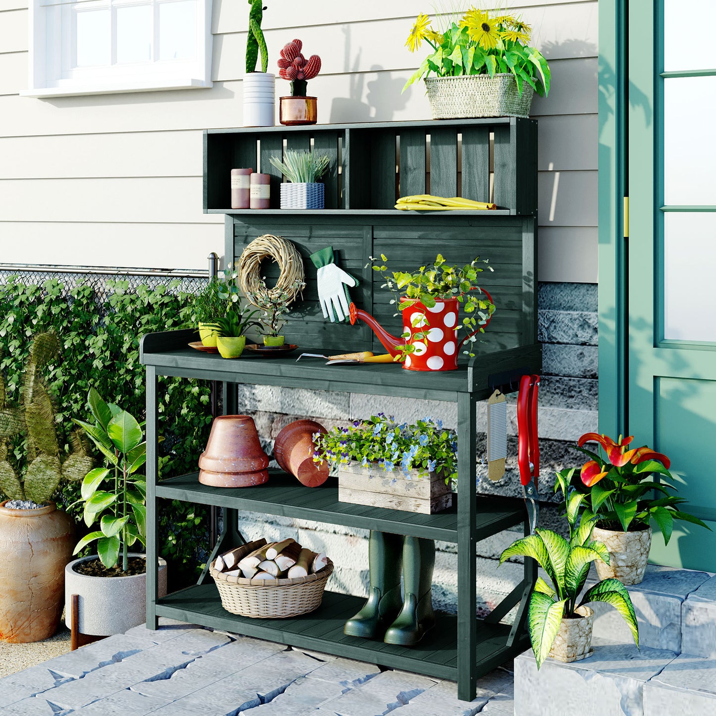 65' Large Wooden Farmhouse Rustic Outdoor Potting Bench Table, Patio Workstation, Garden Potting Bench with 4 Storage Shelves and Side Hook, Forest Green