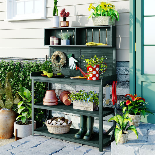 Garden Potting Bench Solid Wood Green with Storage for Patio, Garden, or Backyard