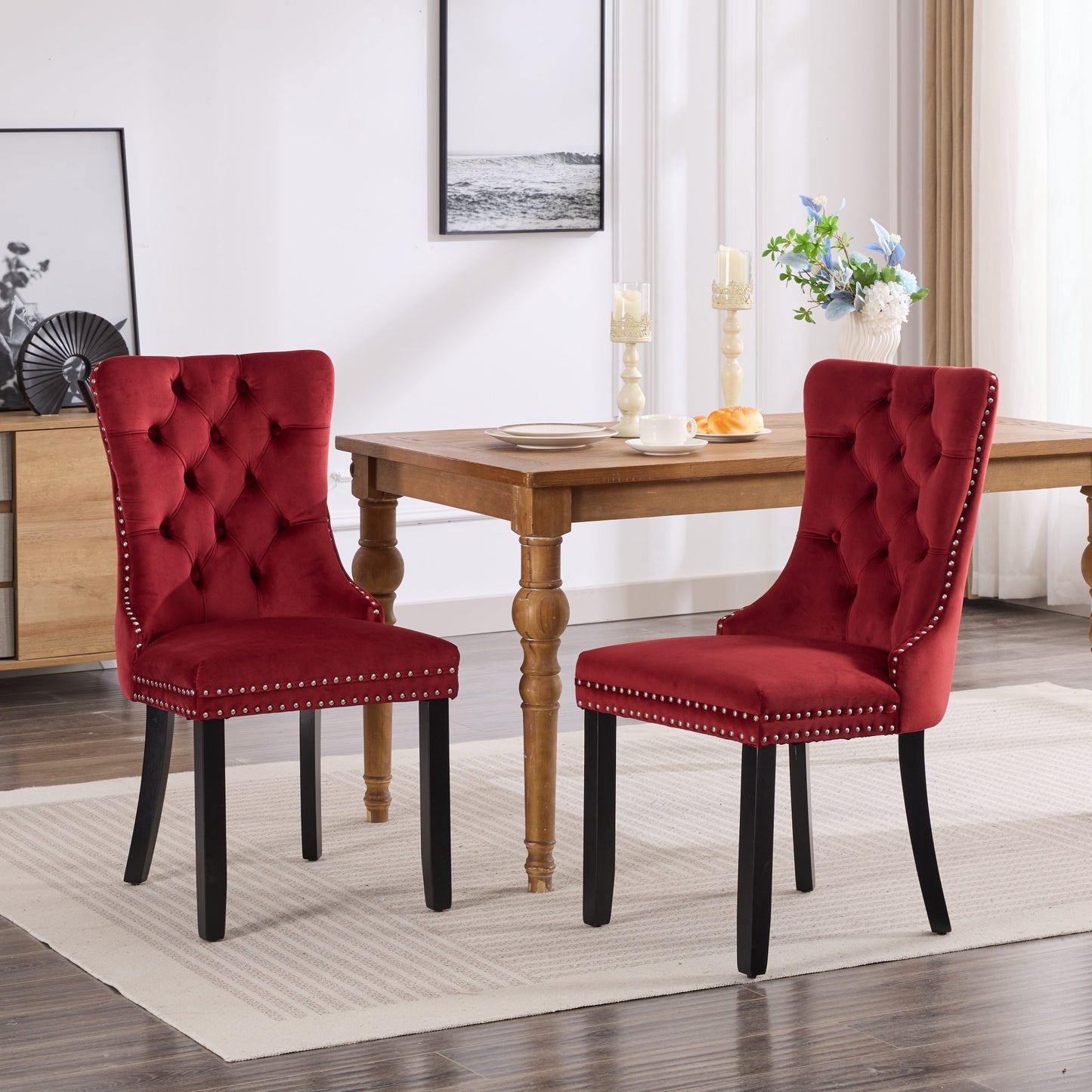 Nikki Collection Modern Tufted Velvet Dining Chair with Wood Legs, 2-Pcs