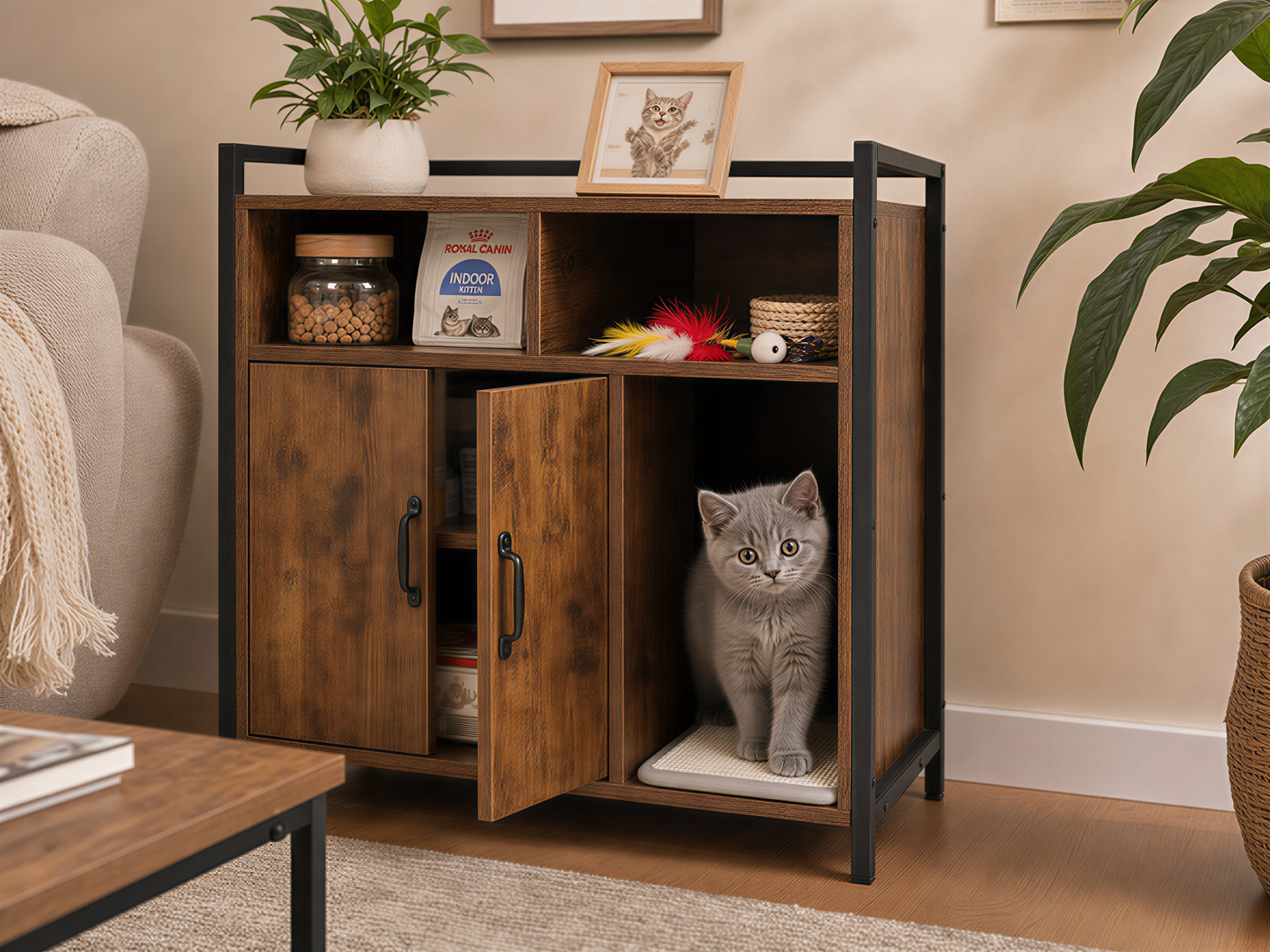 Rustic Brown Wooden Cat Litter Box Enclosure – Hidden Cat House Furniture with Scratching Mat & Industrial Metal Frame for Living Room or Bedroom