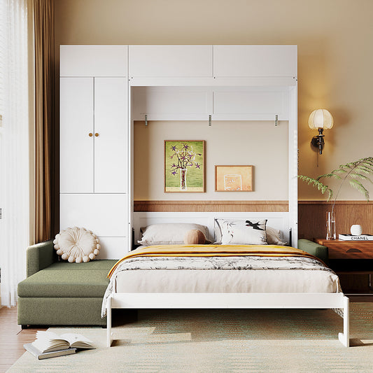Murphy Wall Bed White and Green Solid Wood and MDF with Shelves and Storage for Bedroom and Guest Room