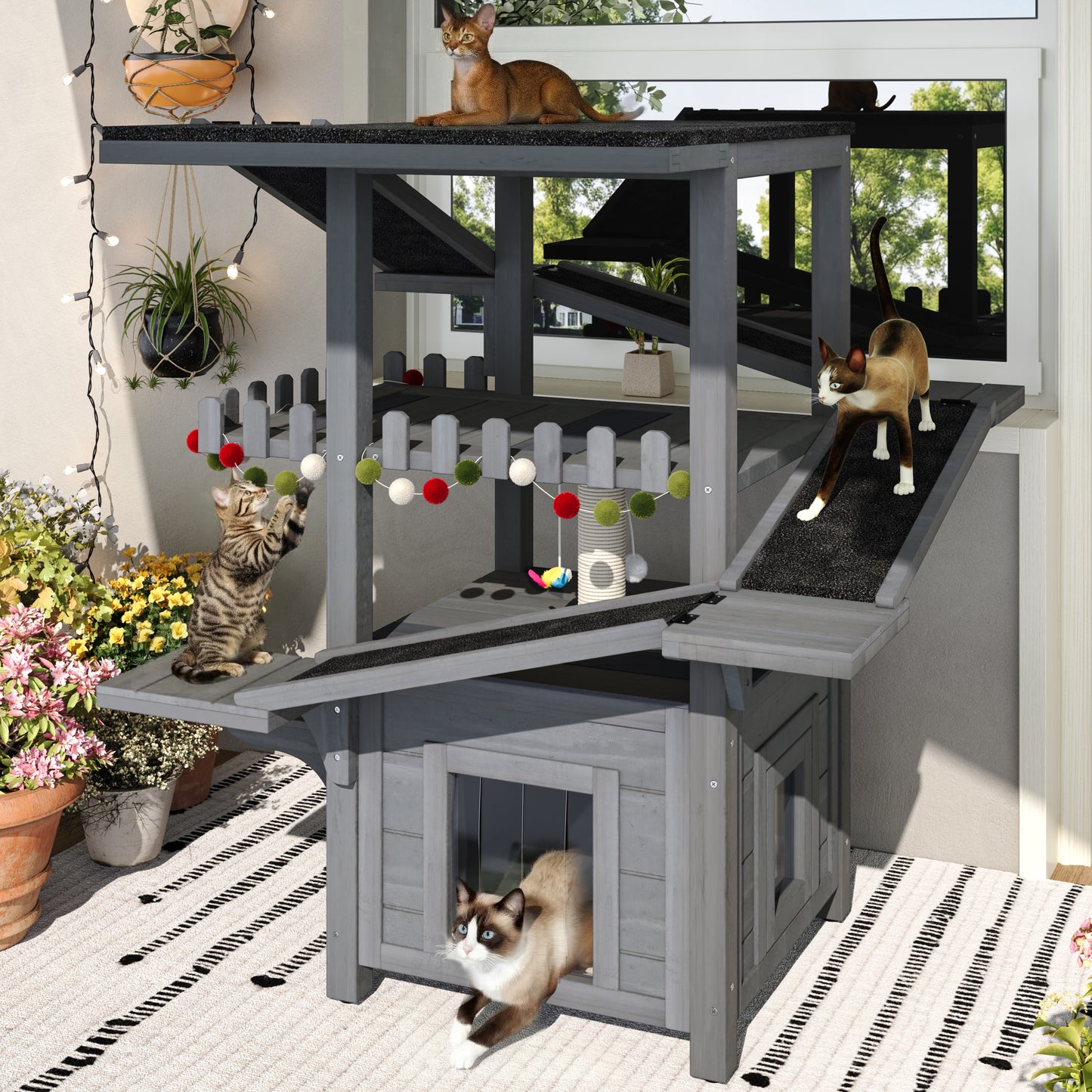 4 Tiers Outdoor Cat House Weatherproof Cat Tree Tower with Waterproof Roof and 2 Doors , Feral Cat Shelter Outside Enclo