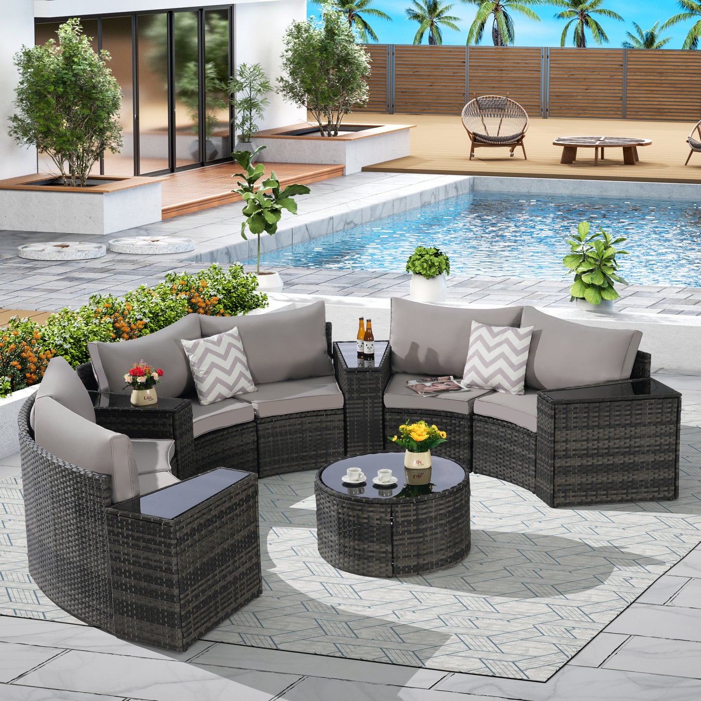 Outdoor Half Moon Sectional Sofa Set – Round Patio Conversation Set with Tempered Glass Coffee Table, Wicker Rattan Furniture