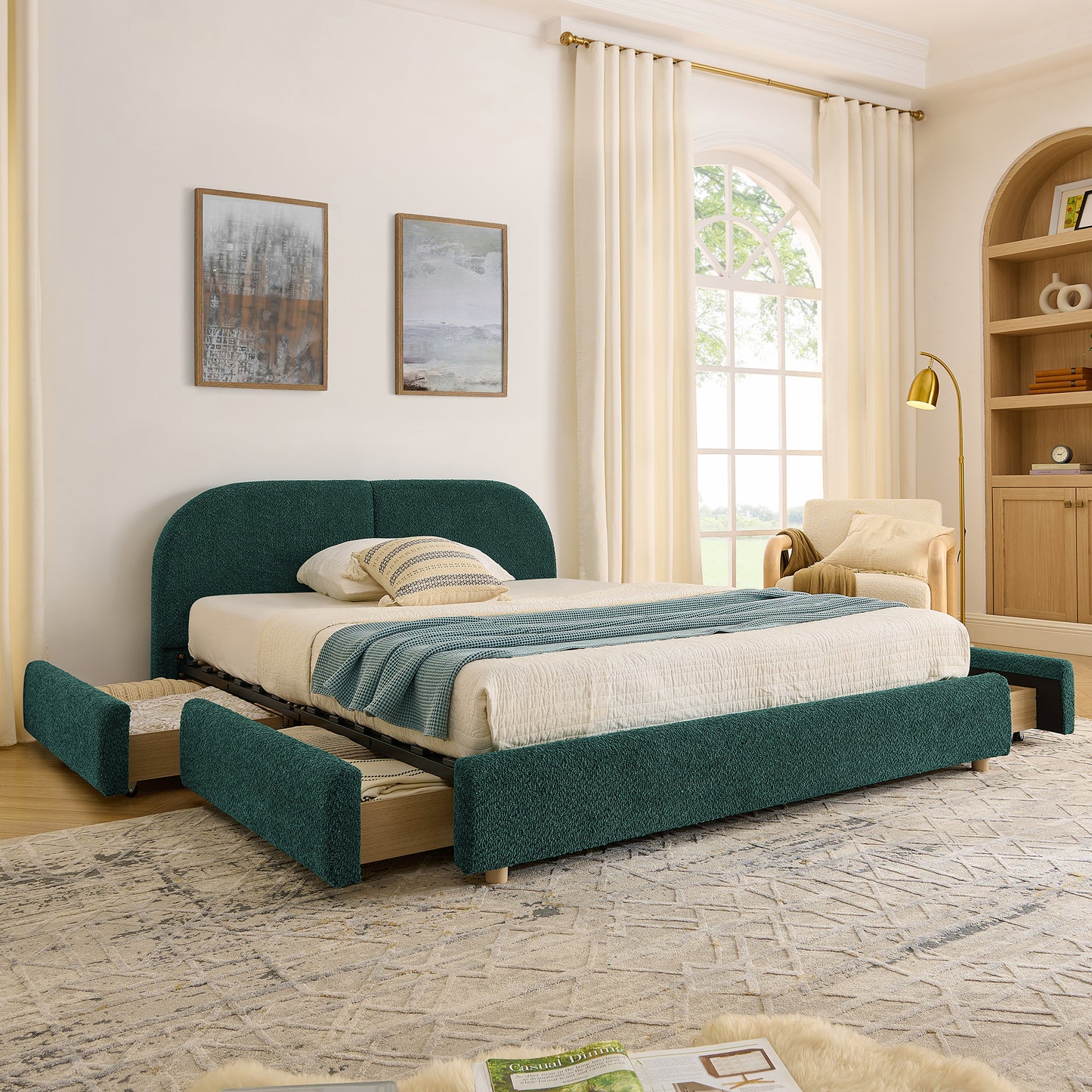 Upholstered Bed Frame Modern Minimalist Style - Circle Yarn Fabric, Tall Curved Headboard, Sturdy Leg Support & Wheeled Drawer Storage, Mattress Not Included