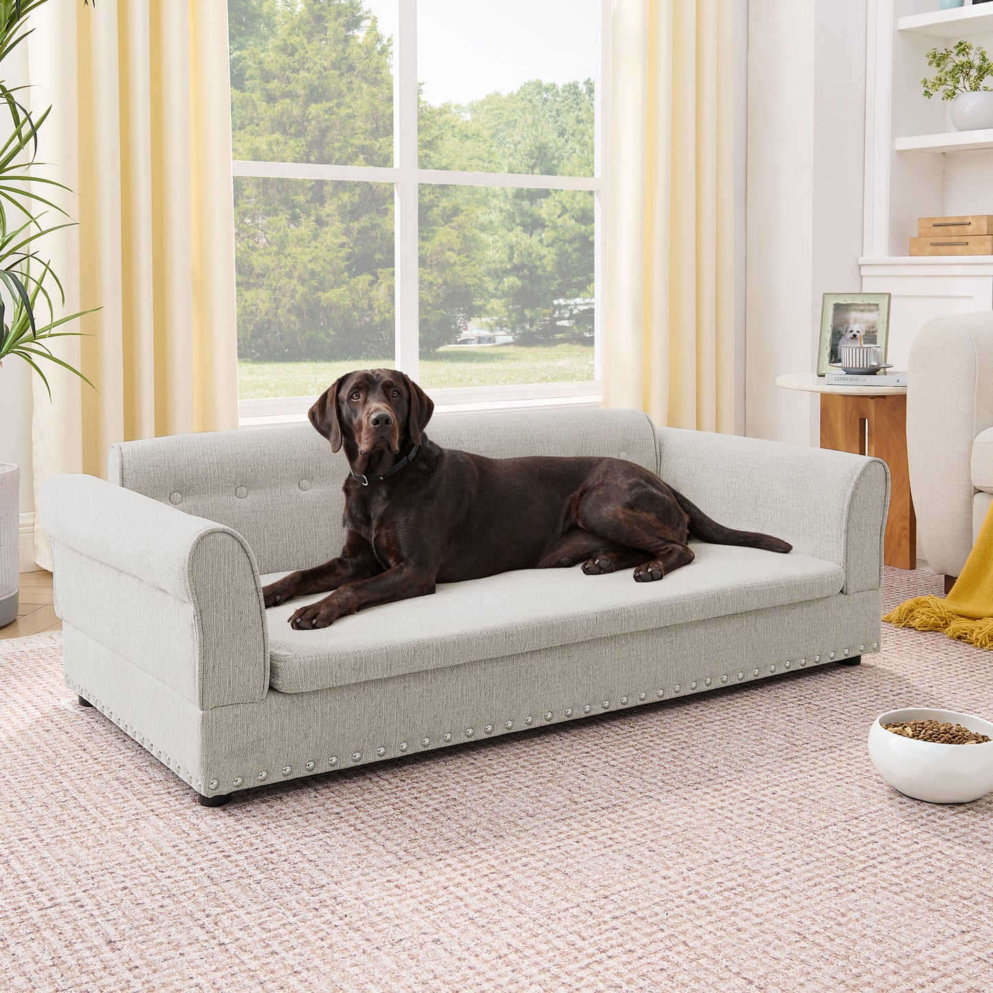 Elegant Modern Linen Fabric Elevated Dog Sofa Bed with Backrest & Armrest for Large Dogs