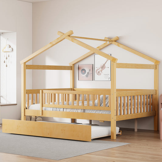 House Bed with Trundle, Twin Size, Solid Wood and MDF for Bedroom or Guest Room