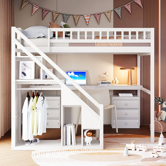 Loft Bed, Full Size, Solid Wood with Drawers, Built-In Desk, and LED/Light Feature for Bedroom or Study Space