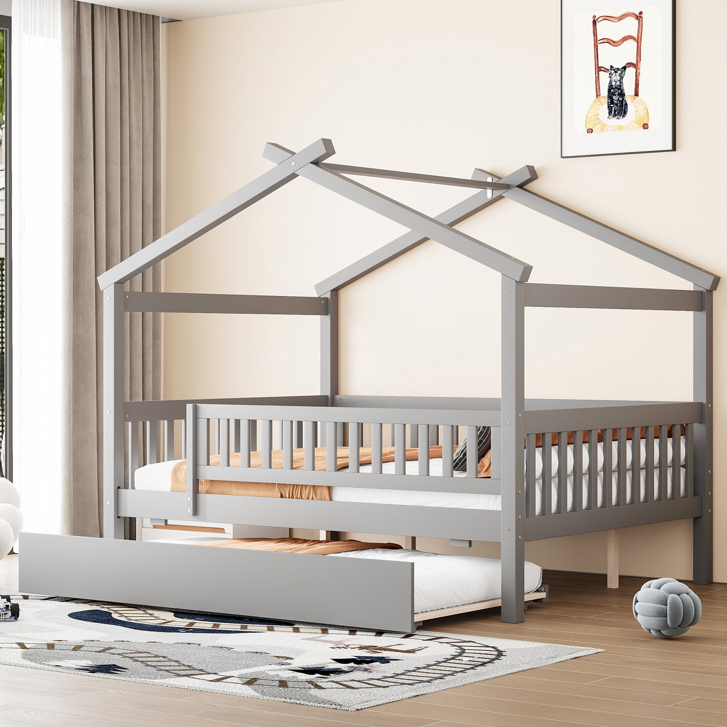 Full Size Wooden House Bed with Twin Size Trundle