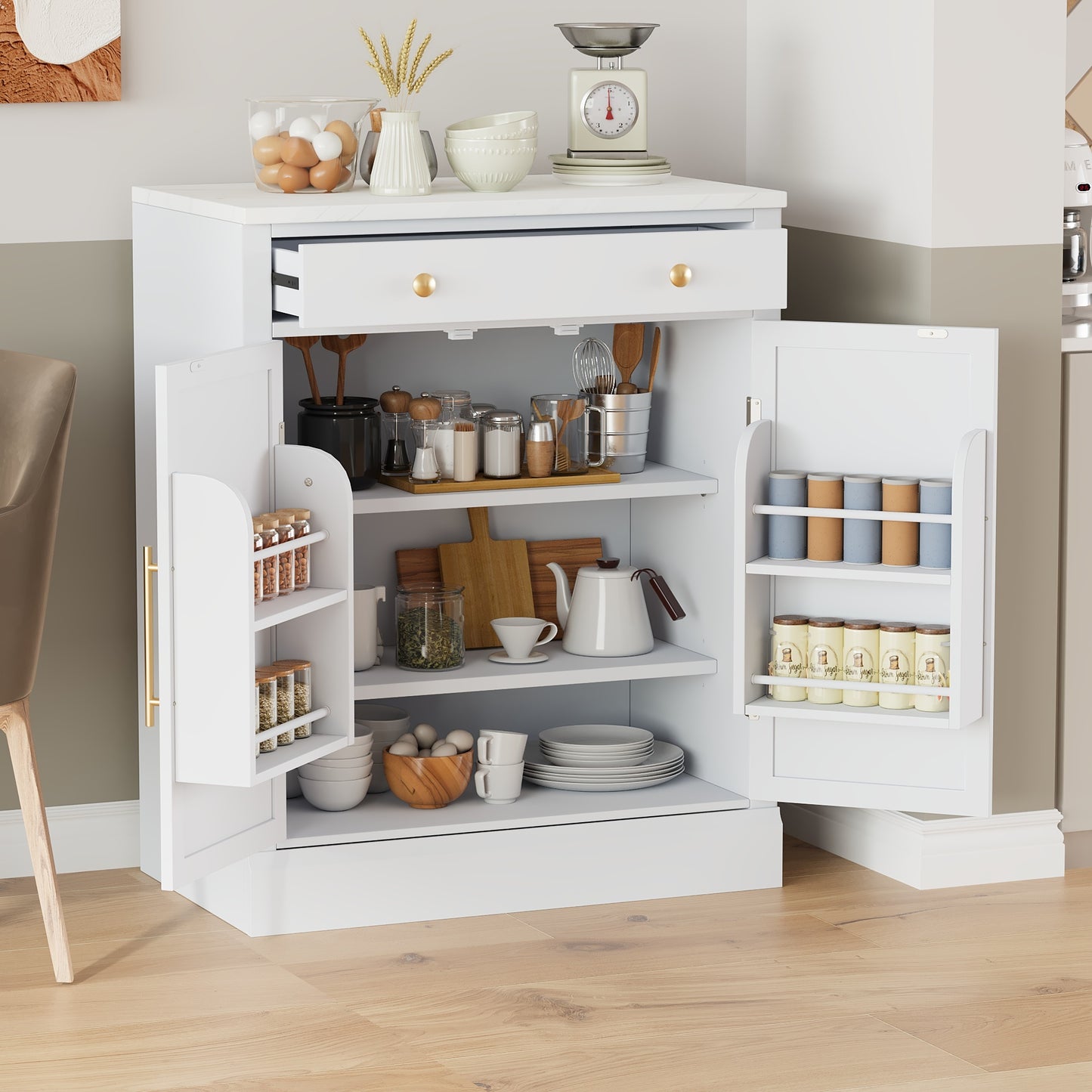 Modern Freestanding Kitchen Pantry,Buffet Food Storage, Coffee Bar Cabinet with Drawer, 2 Adjustable Shelves and 2 Door