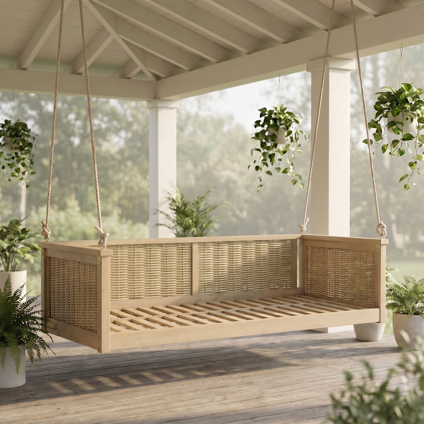 Outdoor Classic Solid Wood Twin Size Swing Bed, Garden Porch Rattan Swing Frame with Long Ropes