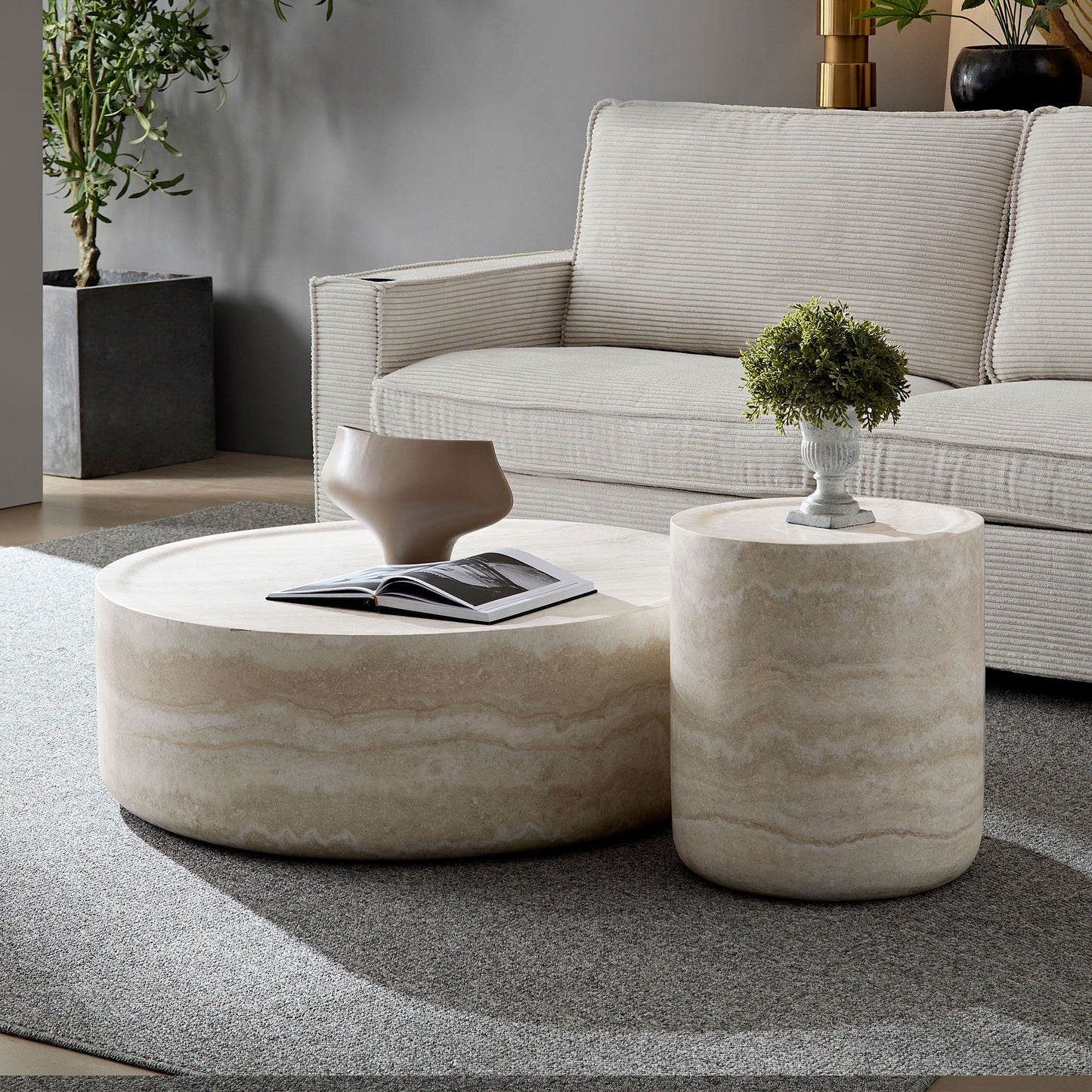Set of 2 Faux MARS Pattern Coffee Tables side Table Round Tea Faux Travertine Textured  table for Living Room, No Need Assembly.