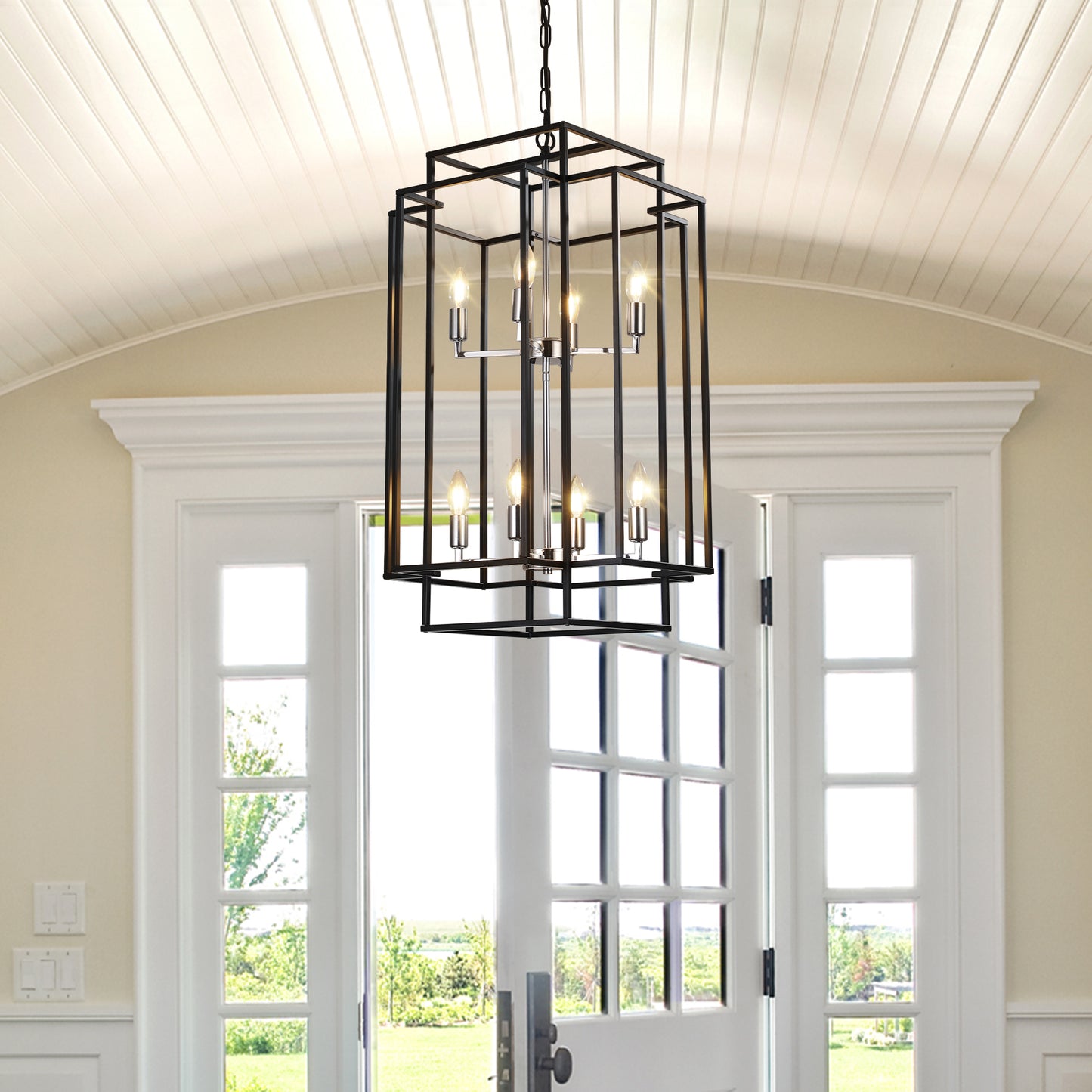 (Same as W1340142525/L1018-C) 8-Lights Lantern Tiered Pendant Light Fixtures, Industrial Farmhouse Hanging Chandelier for Entryway, Foyer, Living Room, Kitchen Island, Staircase(Black & Silver)