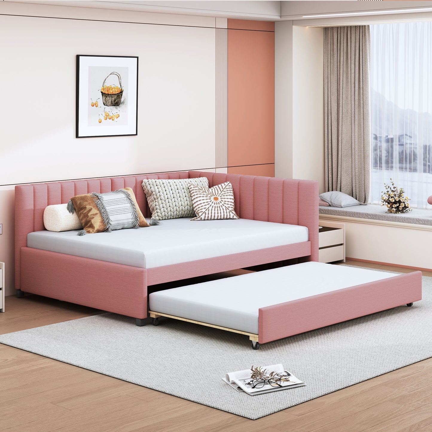 Upholstered Daybed with Trundle Sofa Bed Frame No Box Spring Needed, Linen Fabric
