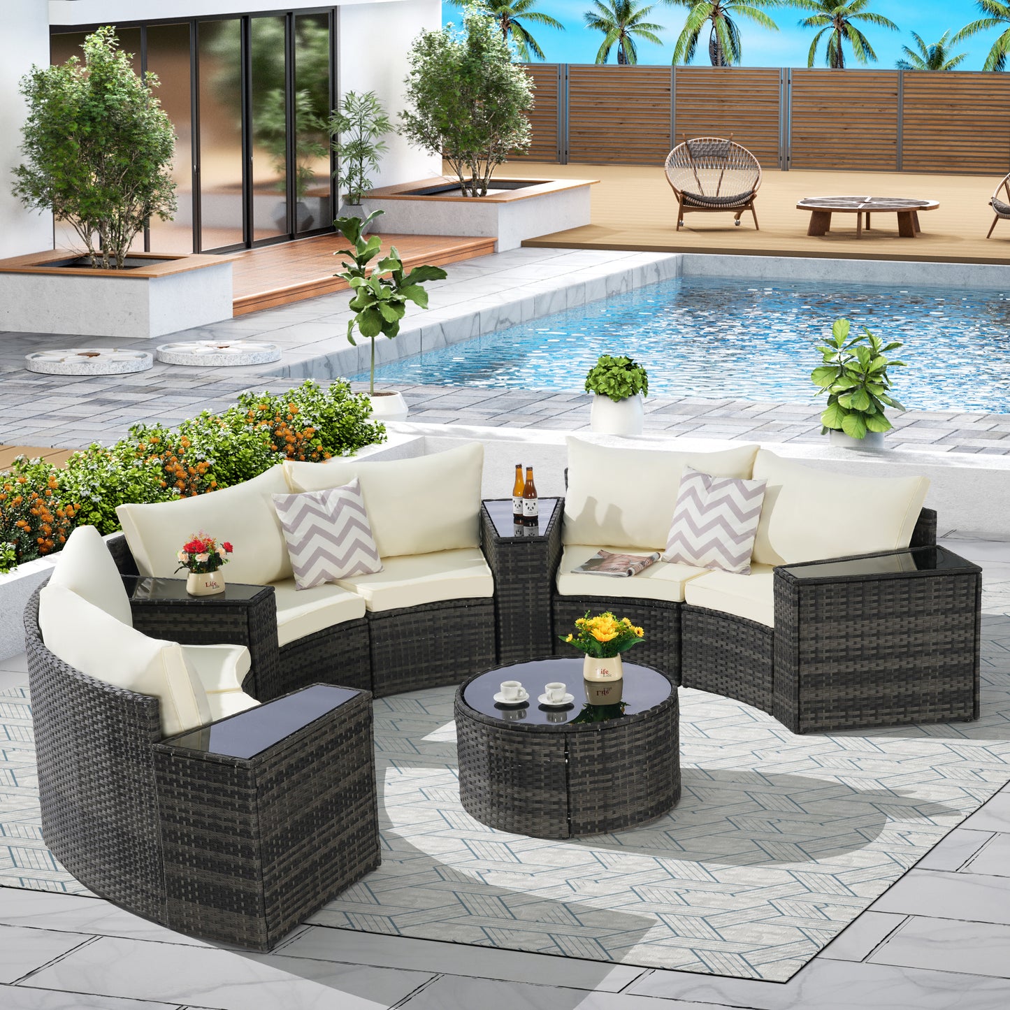 Outdoor Half Moon Sectional Sofa Set – Round Patio Conversation Set with Tempered Glass Coffee Table, Wicker Rattan Furniture