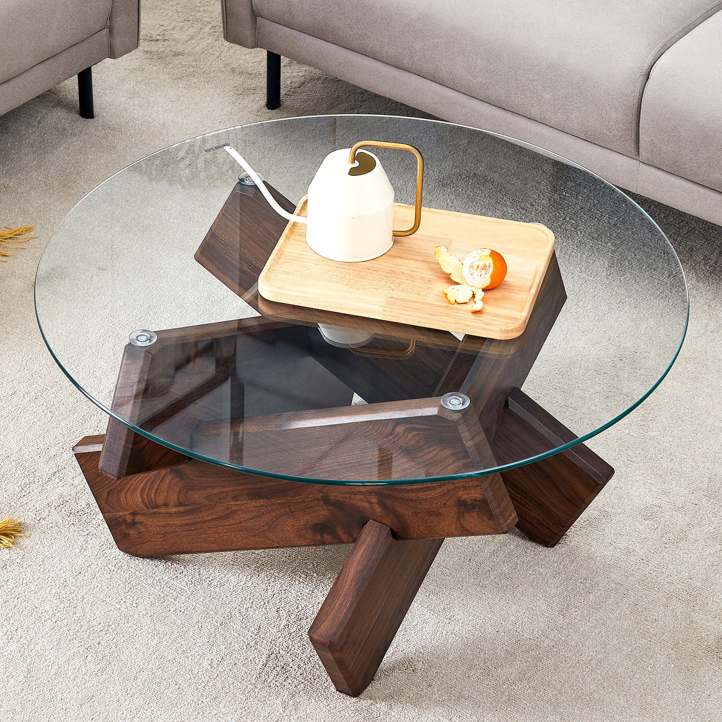 Modern Round Glass Coffee Table – 33.4" Tempered Glass Top with MDF Legs, Minimalist Living Room Table