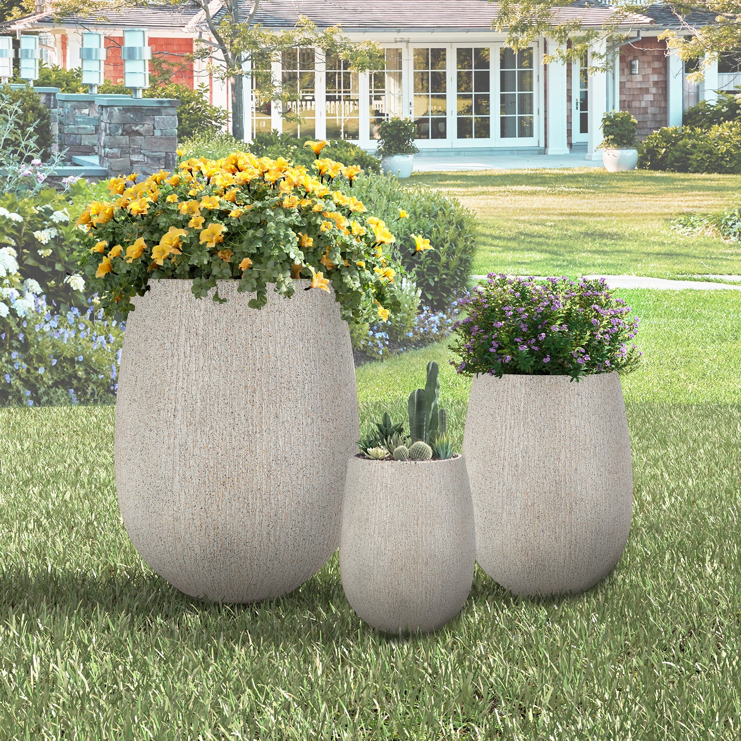 Egg-Shaped Lightweight MGO Outdoor Planter Set of 3,Modern Stone-Look Textured Flower Pots with Drainage Holes and Rubber Plug, Suitable for Patio, Garden, Poolside & Indoor