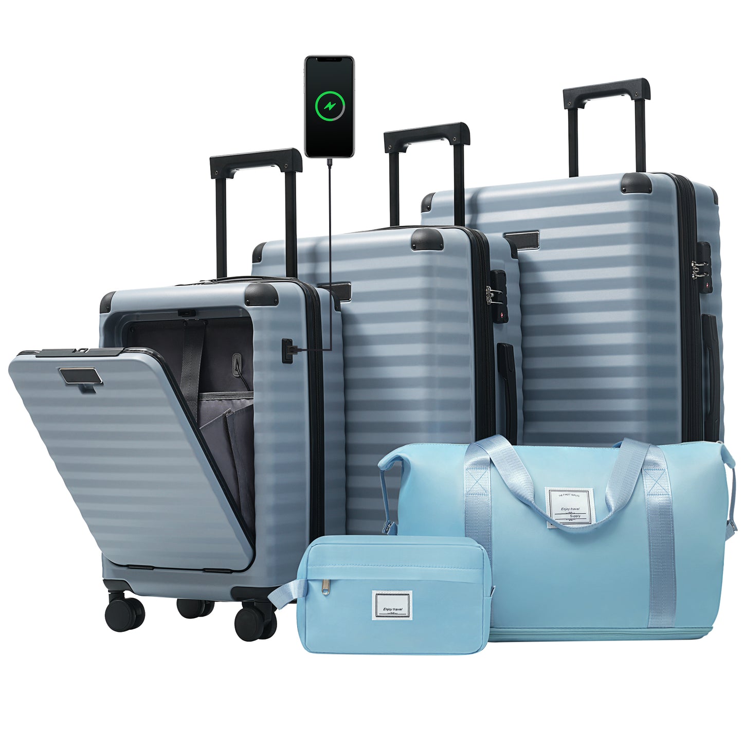 Luggage Sets 5 Piece with Front Opening , Hardside Expandable Carry on Suitcase with Spinner Wheels TSA Lock USB Port  C