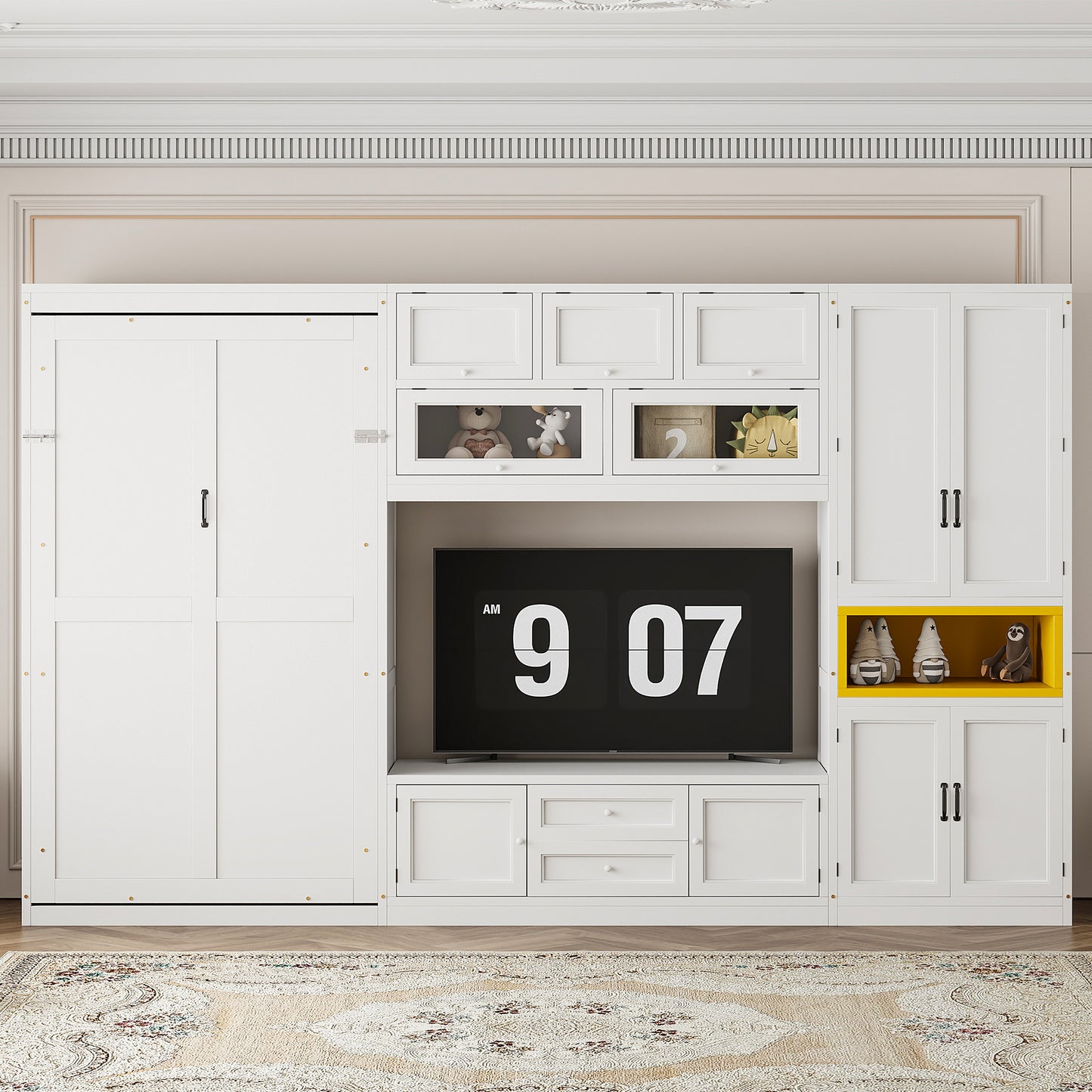 Twin Size Wooden Murphy Bed with TV Stand, 2 Drawers, Shelves, and Cabinet