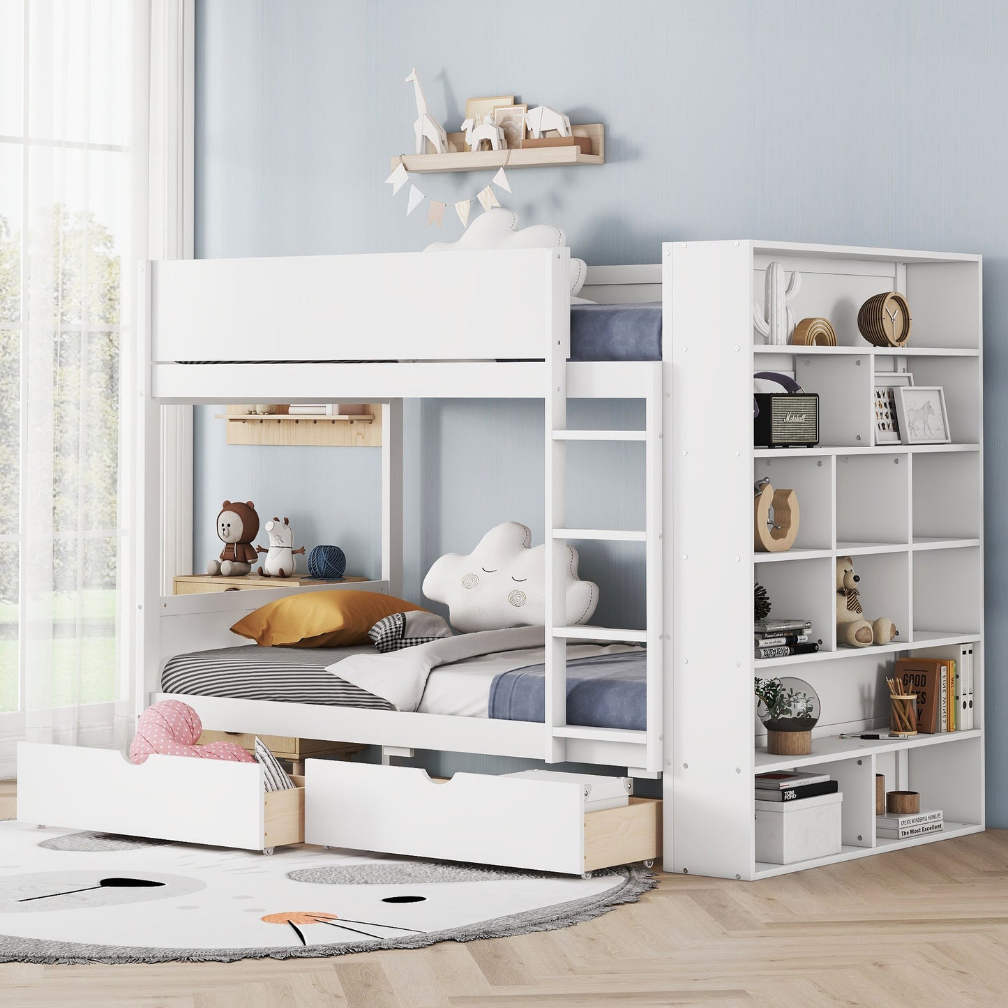 Bunk Bed With 2 Drawers and Multi-layer Cabinet